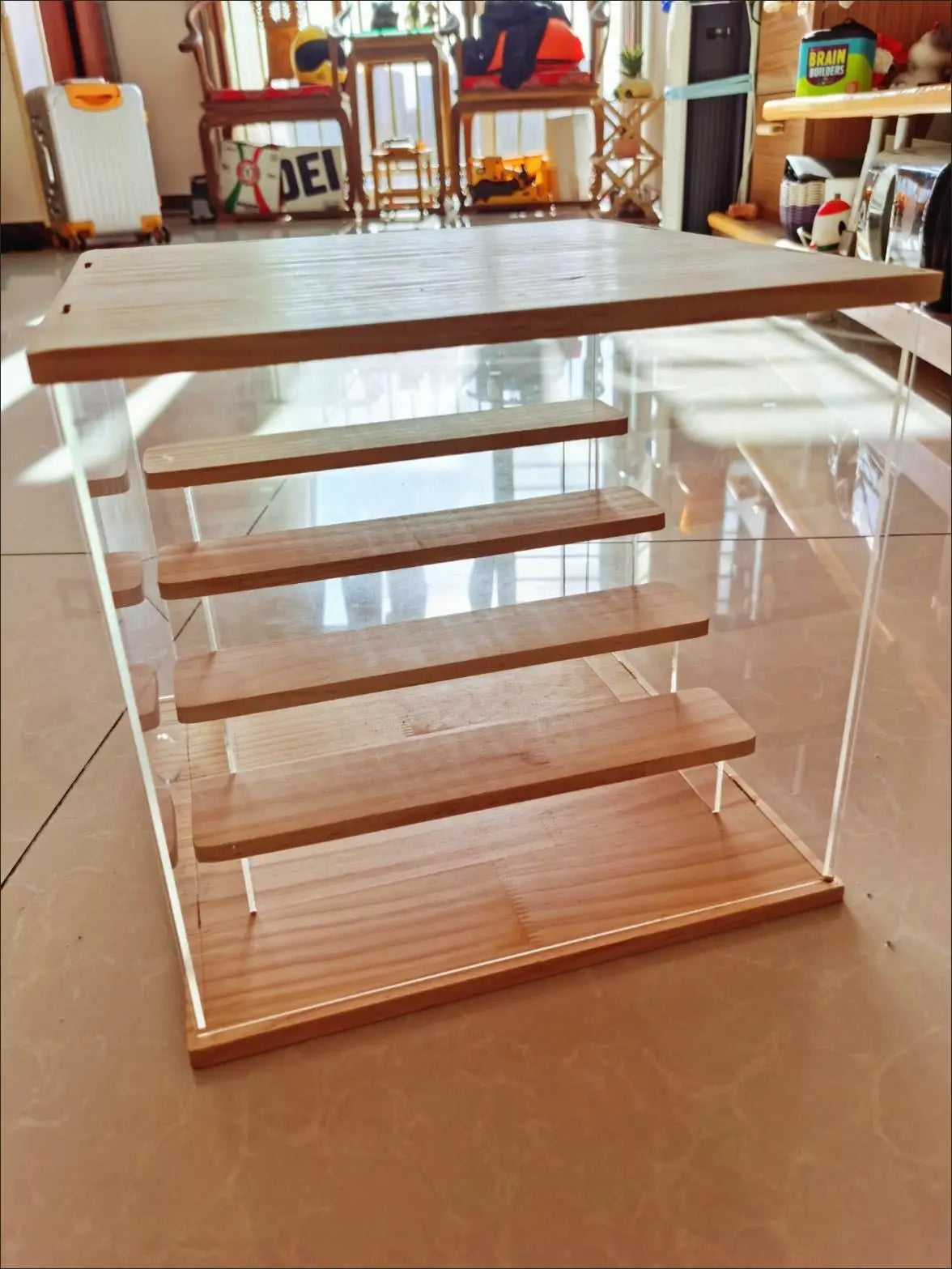 2-4 Tier Riser Display Stand Case Led Light Clear Acrylic Showcase Wooden Shelves Storage Box Figure Riser Perfume Displaying