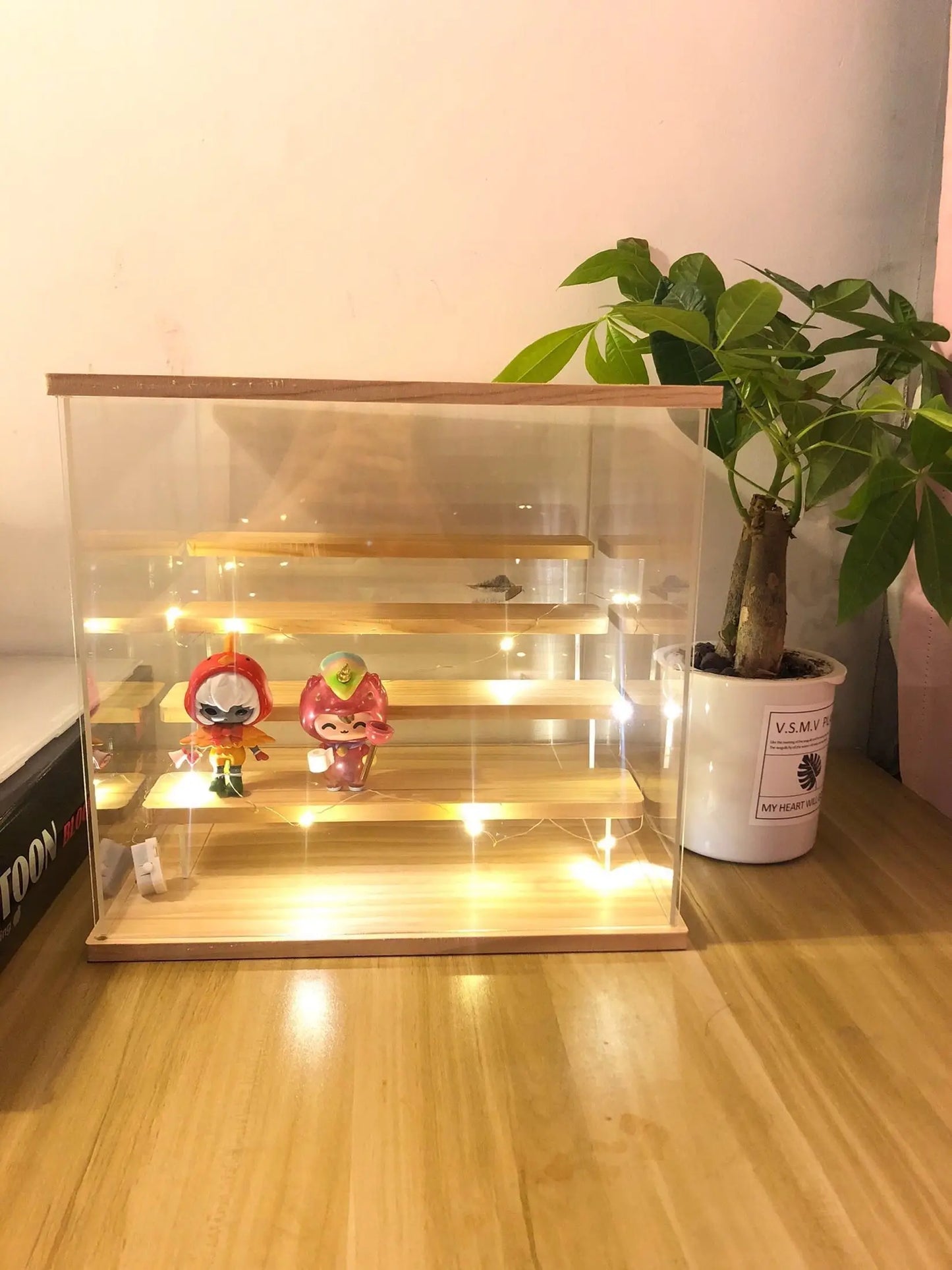 2-4 Tier Riser Display Stand Case Led Light Clear Acrylic Showcase Wooden Shelves Storage Box Figure Riser Perfume Displaying