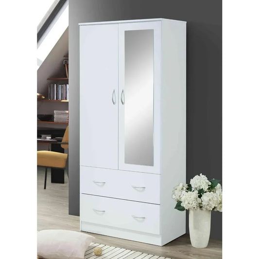 2 Door Wood Wardrobe Bedroom Closet with Clothing Rod inside Cabinet, 2 Drawers for Storage and Mirror, White