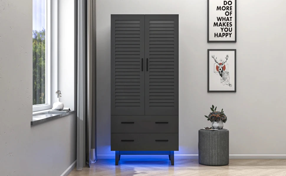 2-Door Wardrobe Closet with Drawers and LED Lights, Multiple Shelves, Hanging Rod and 2 Louvered Doors, Large Storage Wardrobe