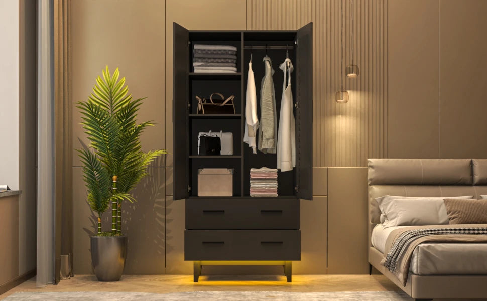 2-Door Wardrobe Closet with Drawers and LED Lights, Multiple Shelves, Hanging Rod and 2 Louvered Doors, Large Storage Wardrobe