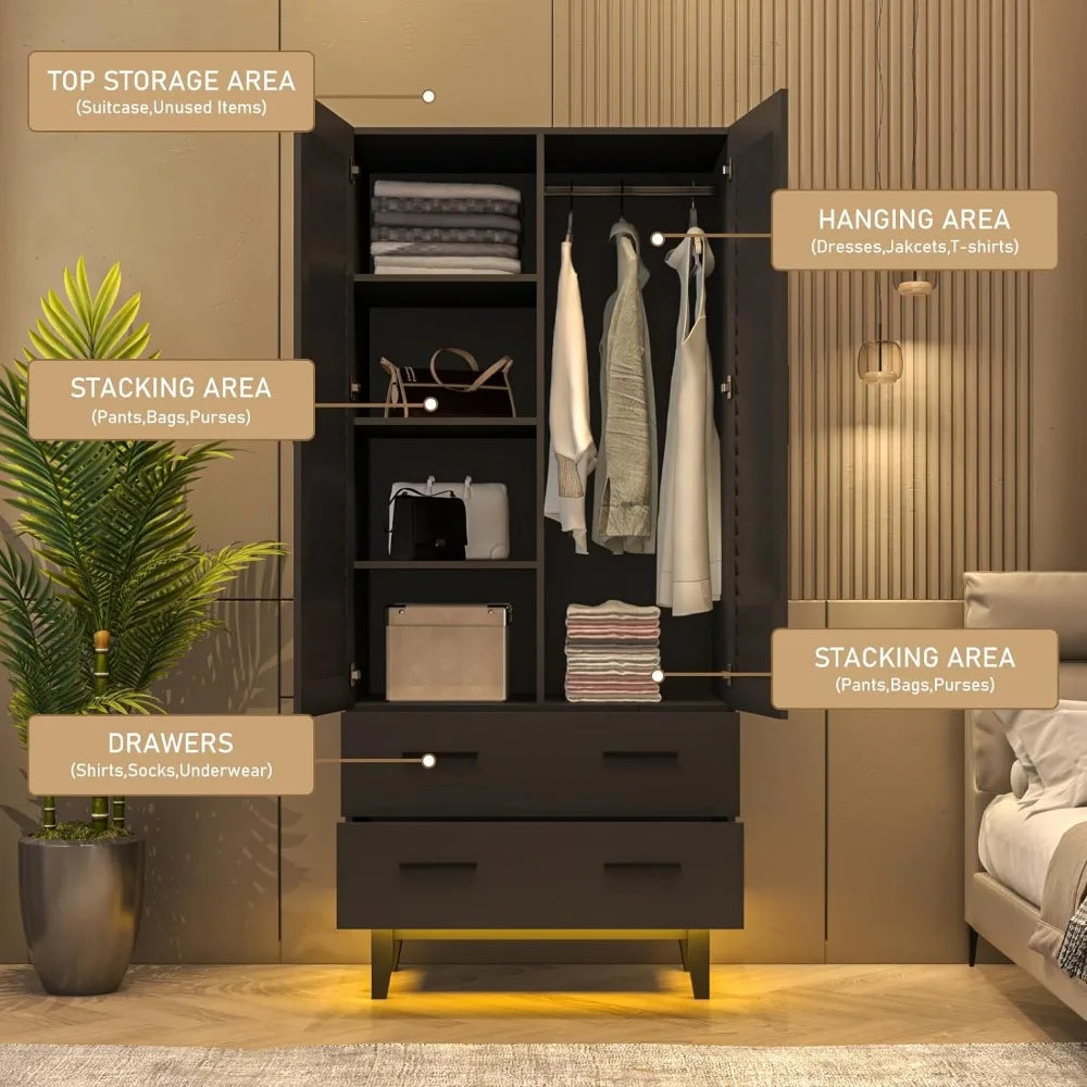 2-Door Wardrobe Closet with Drawers and LED Lights, Multiple Shelves, Hanging Rod and 2 Louvered Doors, Large Storage Wardrobe