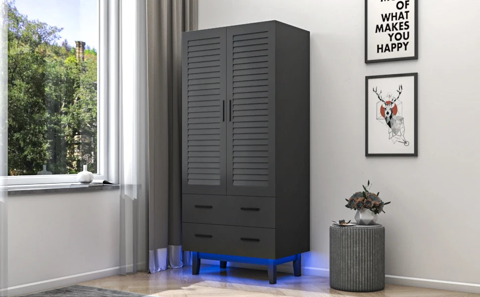 2-Door Wardrobe Closet with Drawers and LED Lights, Multiple Shelves, Hanging Rod and 2 Louvered Doors, Large Storage Wardrobe