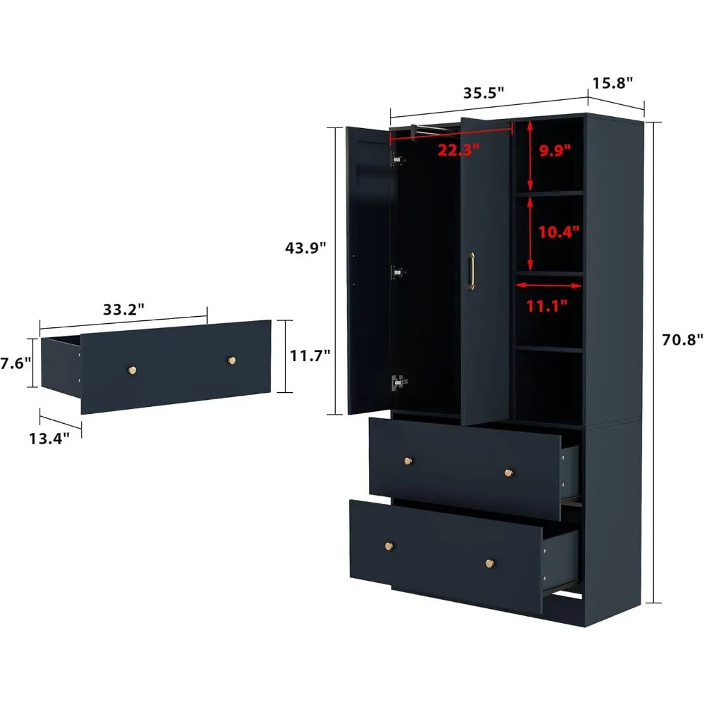 2024 New  Wardrobe Armoire Closet with Mirror, 2 Door Wardrobe Cabinet with 2 Drawers & Extendable Hanging Rod