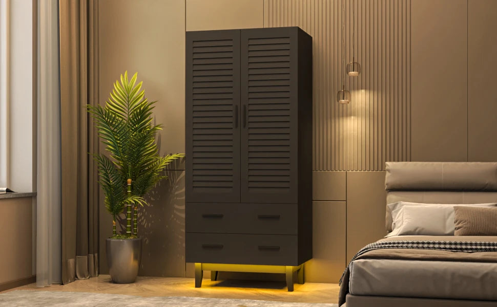 2-Door Wardrobe Closet with Drawers and LED Lights, Multiple Shelves, Hanging Rod and 2 Louvered Doors, Large Storage Wardrobe